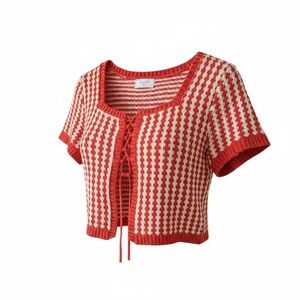 🍀Orangish Red and White Knit Crop Top